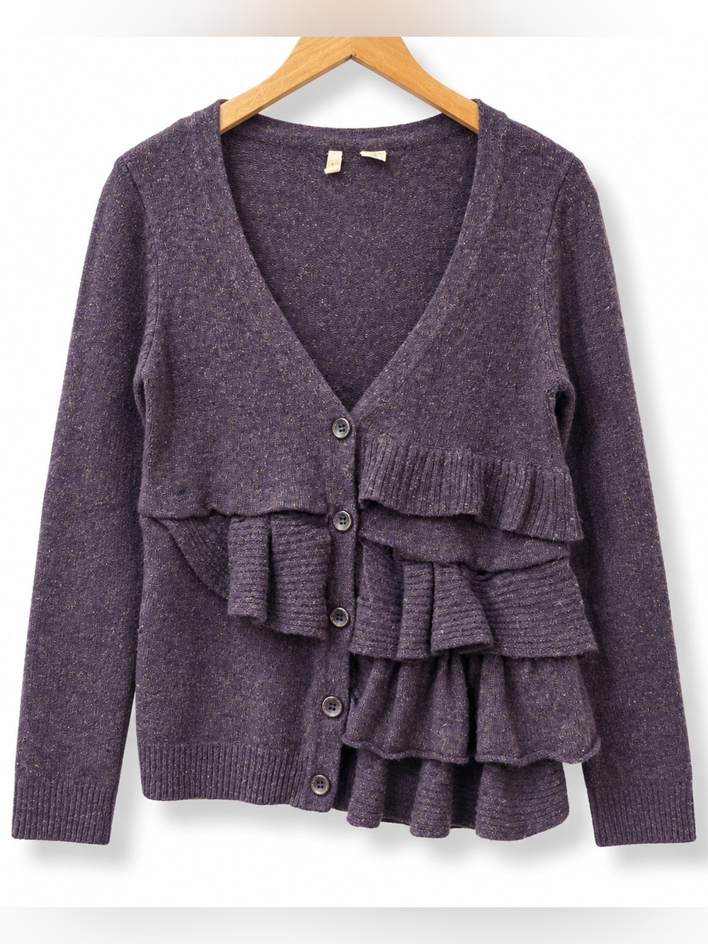 Moth Anthropologie Wool Ruffle Cardigan Purple Plum Tiered Sweater L